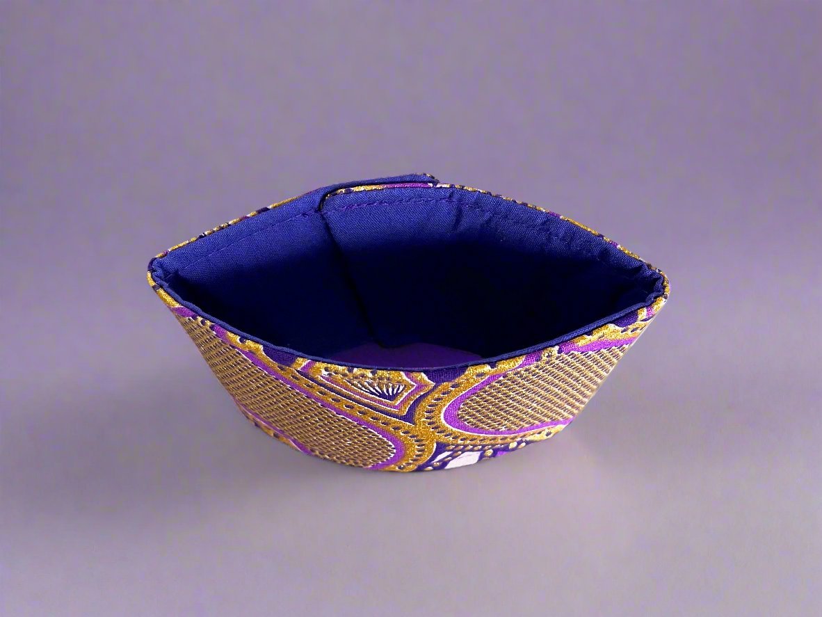 Ethnic, Fabric, Patterned, Handmade Dark Purple, Lavender, and Gold Cup Sleeve - Gezia Accents