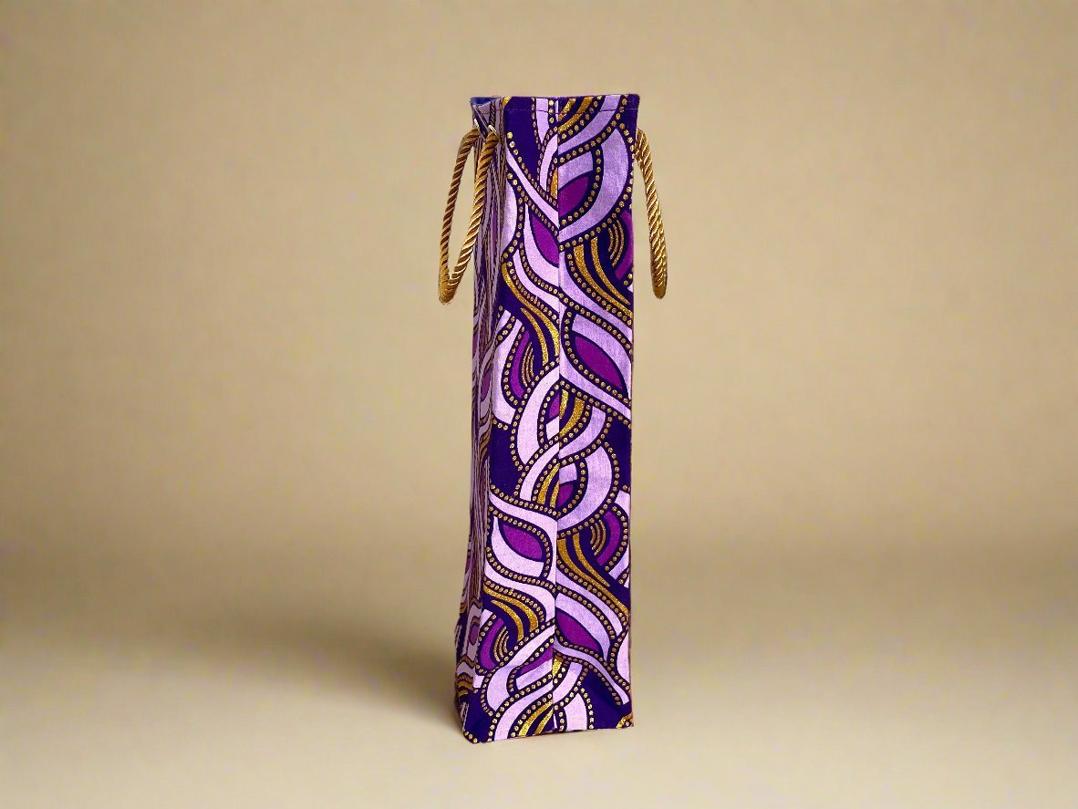 Ethnic, Fabric, Patterned, Handmade Dark Purple, Lavender, and Gold Wine Gift Bag - Gezia Accents