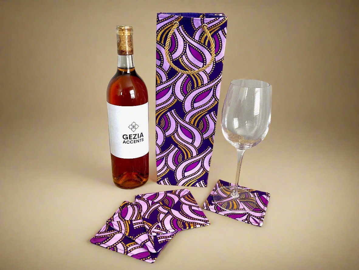 Ethnic, Fabric, Patterned, Handmade Dark Purple, Lavender, and Gold Wine Gift Bag - Gezia Accents