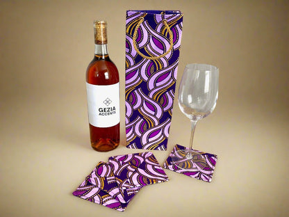 Ethnic, Fabric, Patterned, Handmade Dark Purple, Lavender, and Gold Wine Gift Bag - Gezia Accents