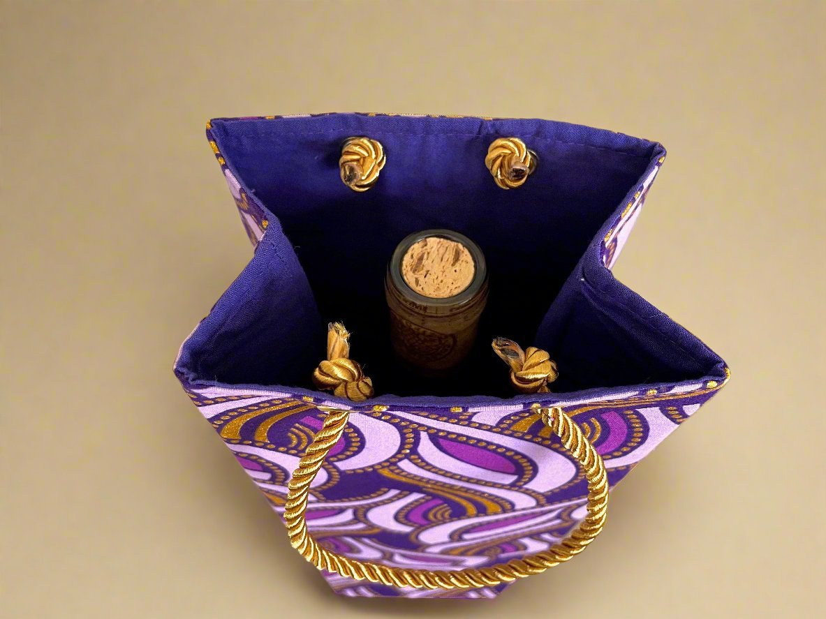 Ethnic, Fabric, Patterned, Handmade Dark Purple, Lavender, and Gold Wine Gift Bag - Gezia Accents