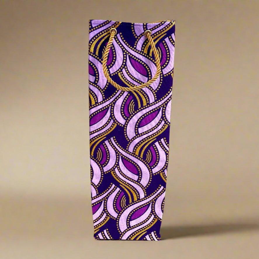 Ethnic, Fabric, Patterned, Handmade Dark Purple, Lavender, and Gold Wine Gift Bag - Gezia Accents