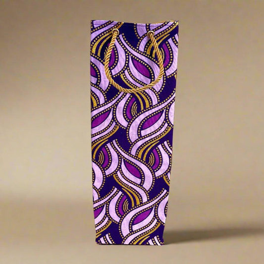 Ethnic, Fabric, Patterned, Handmade Dark Purple, Lavender, and Gold Wine Gift Bag - Gezia Accents