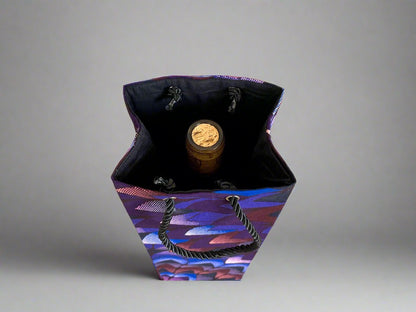 Ethnic, Fabric, Patterned, Handmade Dark Purple, Lavender, Maroon, and Blue Wine Gift Bag - Gezia Accents