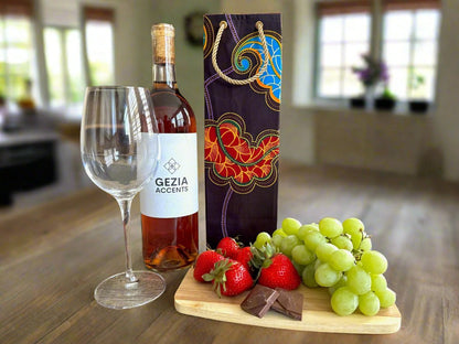 Ethnic, Fabric, Patterned, Handmade Dark Purple, Red, Yellow, and Blue Wine Gift Bag - Gezia Accents