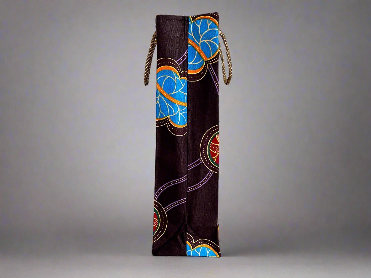 Ethnic, Fabric, Patterned, Handmade Dark Purple, Red, Yellow, and Blue Wine Gift Bag - Gezia Accents