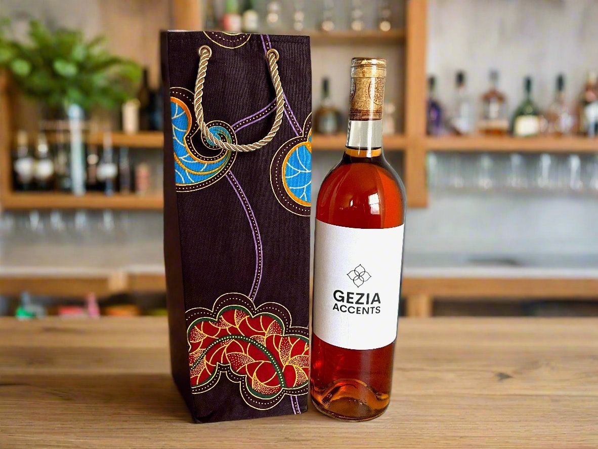 Ethnic, Fabric, Patterned, Handmade Dark Purple, Red, Yellow, and Blue Wine Gift Bag - Gezia Accents