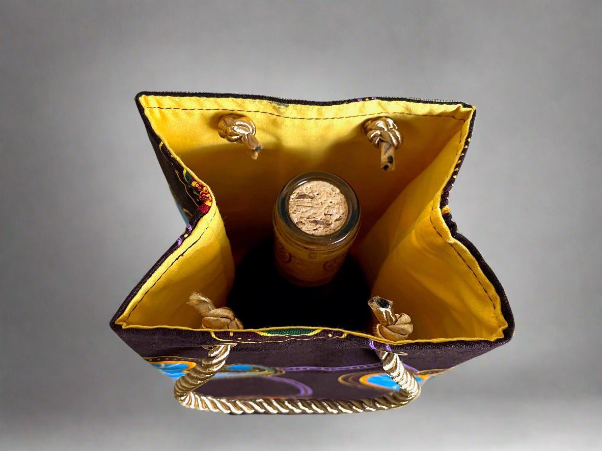 Ethnic, Fabric, Patterned, Handmade Dark Purple, Red, Yellow, and Blue Wine Gift Bag - Gezia Accents
