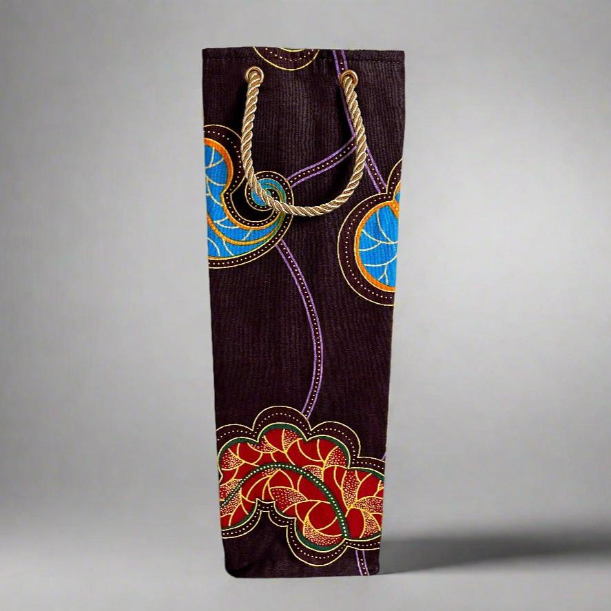 Ethnic, Fabric, Patterned, Handmade Dark Purple, Red, Yellow, and Blue Wine Gift Bag - Gezia Accents
