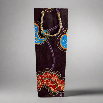 Ethnic, Fabric, Patterned, Handmade Dark Purple, Red, Yellow, and Blue Wine Gift Bag - Gezia Accents