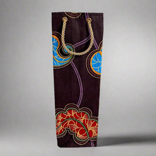 Ethnic, Fabric, Patterned, Handmade Dark Purple, Red, Yellow, and Blue Wine Gift Bag - Gezia Accents