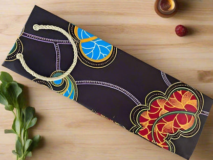 Ethnic, Fabric, Patterned, Handmade Dark Purple, Red, Yellow, and Blue Wine Gift Bag - Gezia Accents