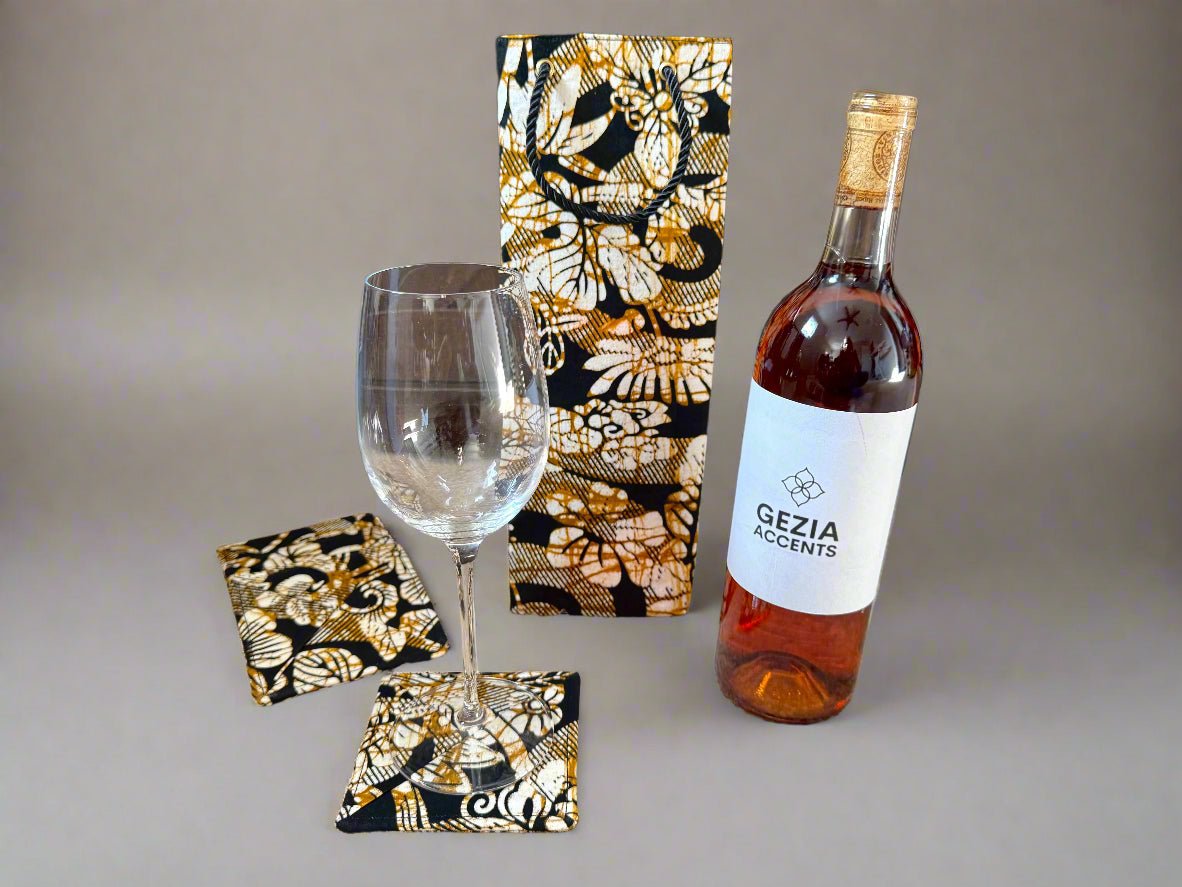 Ethnic, Fabric, Patterned, Handmade Gold, Beige, and Black Coasters - Gezia Accents