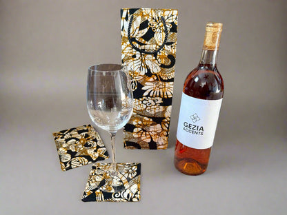 Ethnic, Fabric, Patterned, Handmade Gold, Beige, and Black Coasters - Gezia Accents