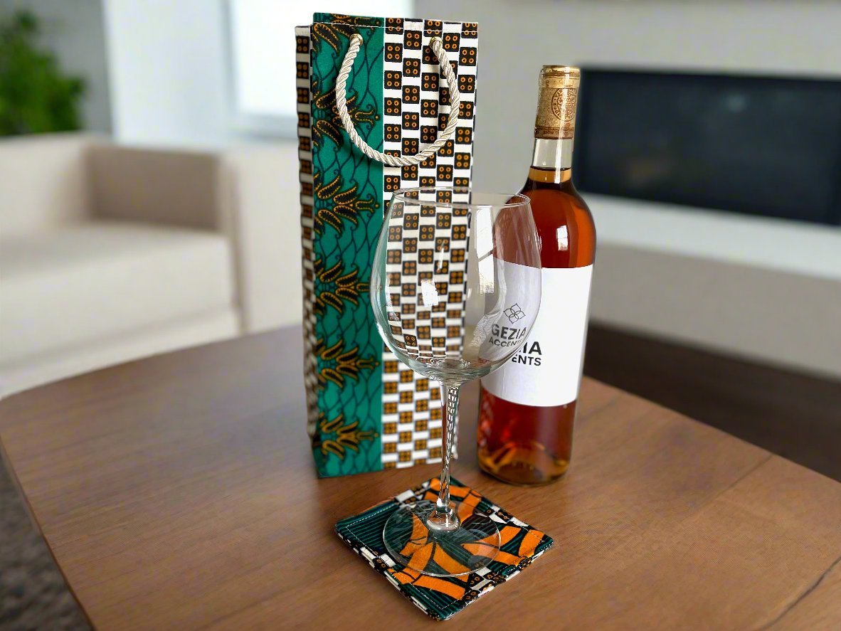 Ethnic, Fabric, Patterned, Handmade Green, Beige, Dark Blue and White Wine Gift Bag - Gezia Accents