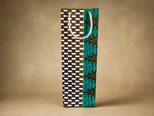 Ethnic, Fabric, Patterned, Handmade Green, Beige, Dark Blue and White Wine Gift Bag - Gezia Accents