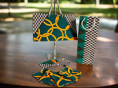 Ethnic, Fabric, Patterned, Handmade Green, Beige, Dark Blue and White Wine Gift Bag - Gezia Accents