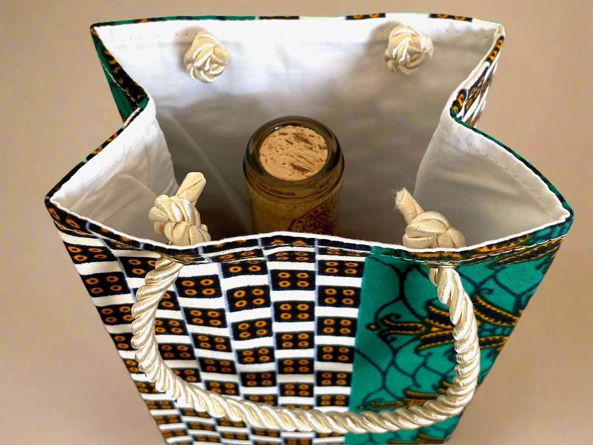 Ethnic, Fabric, Patterned, Handmade Green, Beige, Dark Blue and White Wine Gift Bag - Gezia Accents
