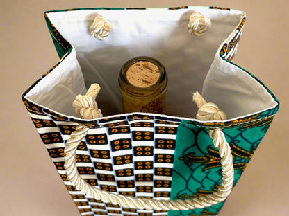 Ethnic, Fabric, Patterned, Handmade Green, Beige, Dark Blue and White Wine Gift Bag - Gezia Accents