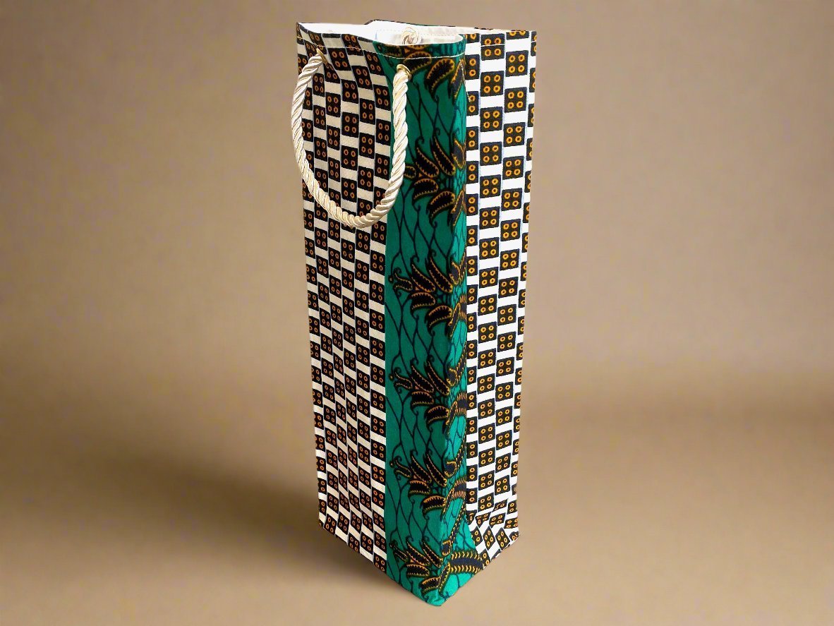 Ethnic, Fabric, Patterned, Handmade Green, Beige, Dark Blue and White Wine Gift Bag - Gezia Accents