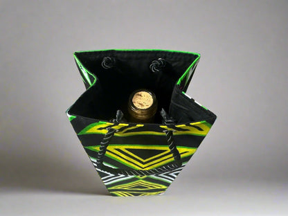 Ethnic, Fabric, Patterned, Handmade Green, Black, and White Wine Gift Bag - Gezia Accents