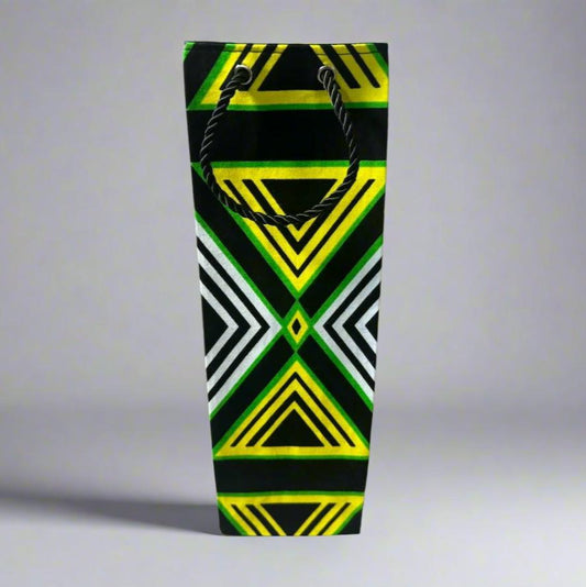 Ethnic, Fabric, Patterned, Handmade Green, Black, and White Wine Gift Bag - Gezia Accents