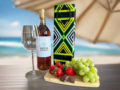 Ethnic, Fabric, Patterned, Handmade Green, Black, and White Wine Gift Bag - Gezia Accents