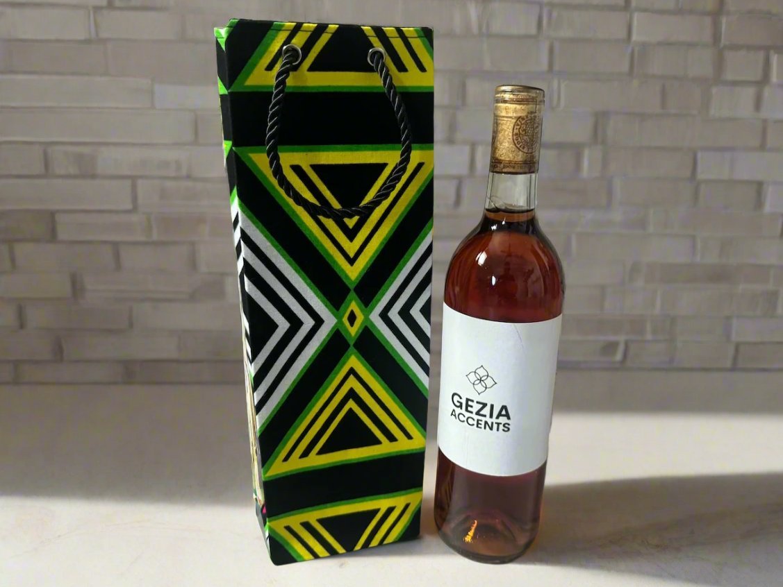 Ethnic, Fabric, Patterned, Handmade Green, Black, and White Wine Gift Bag - Gezia Accents
