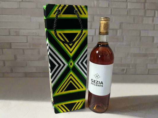 Ethnic, Fabric, Patterned, Handmade Green, Black, and White Wine Gift Bag - Gezia Accents