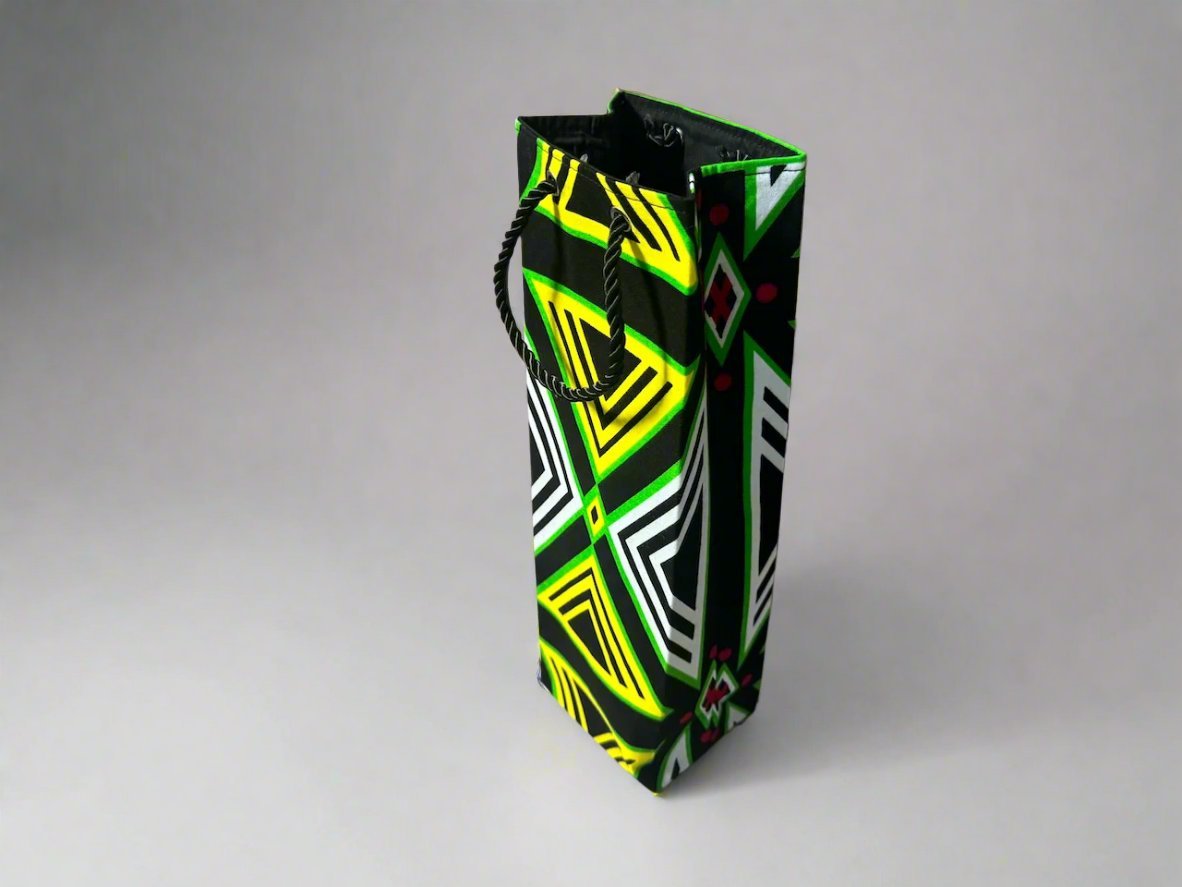 Ethnic, Fabric, Patterned, Handmade Green, Black, and White Wine Gift Bag - Gezia Accents