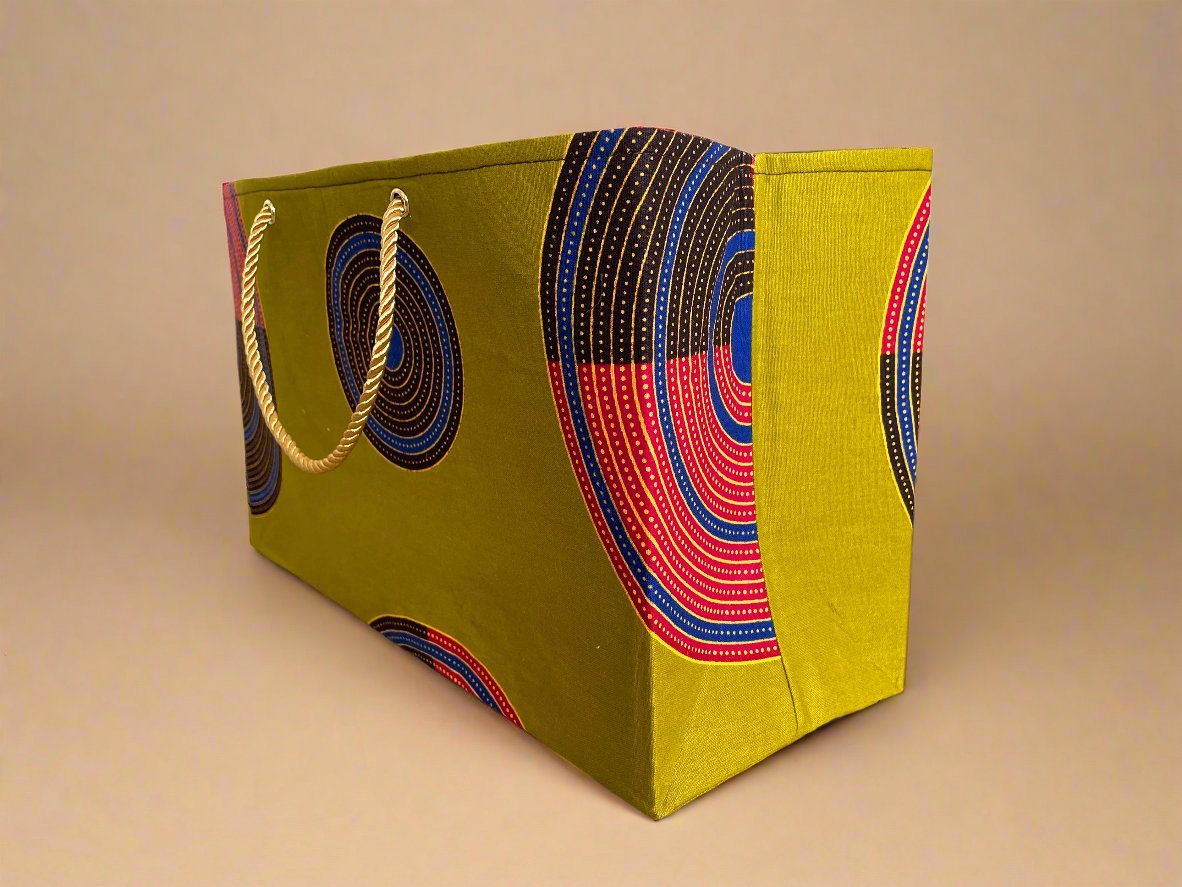 Ethnic, Fabric, Patterned, Handmade Green, Dark Brown, Yellow, Red, and Blue Medium Horizontal Bag - Gezia Accents