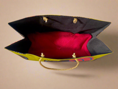 Ethnic, Fabric, Patterned, Handmade Green, Dark Brown, Yellow, Red, and Blue Medium Horizontal Bag - Gezia Accents