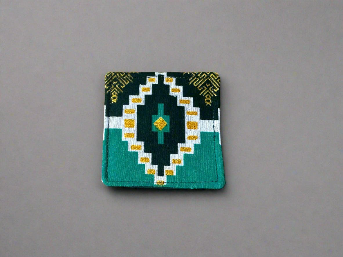 Ethnic, Fabric, Patterned, Handmade Green, Dark Green, White, and Gold Bookmark - Gezia Accents
