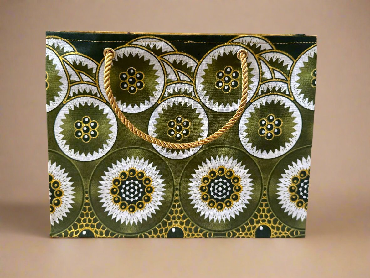 Ethnic, Fabric, Patterned, Handmade Green, Gold and White Small Wardrobe Bag - Gezia Accents