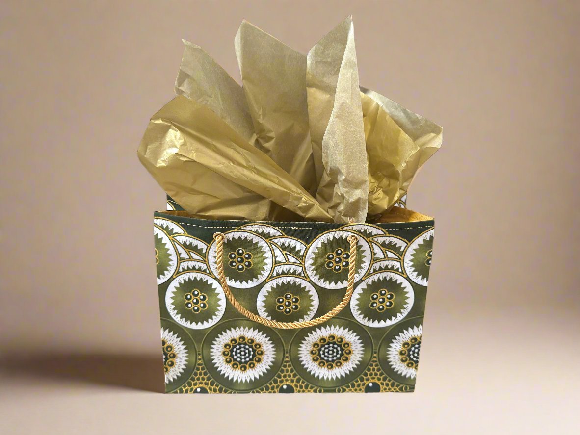 Ethnic, Fabric, Patterned, Handmade Green, Gold and White Small Wardrobe Bag - Gezia Accents