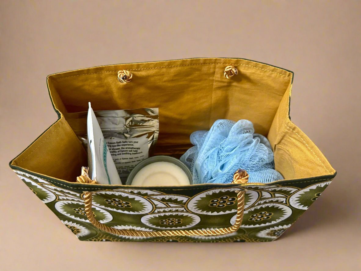 Ethnic, Fabric, Patterned, Handmade Green, Gold and White Small Wardrobe Bag - Gezia Accents