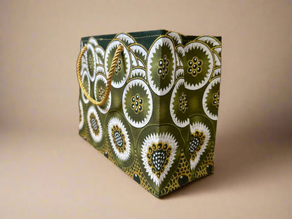 Ethnic, Fabric, Patterned, Handmade Green, Gold and White Small Wardrobe Bag - Gezia Accents