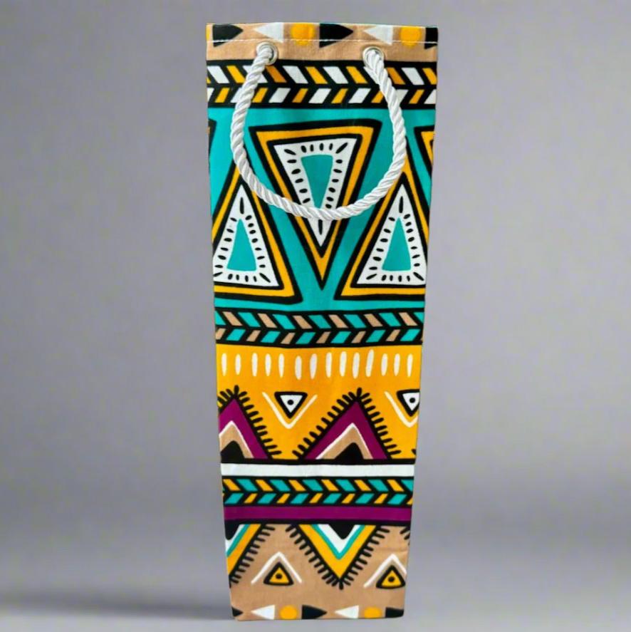 Ethnic, Fabric, Patterned, Handmade Green, Tan, Cream, Purple, and Gold Wine Gift Bag - Gezia Accents
