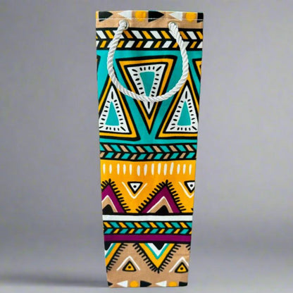 Ethnic, Fabric, Patterned, Handmade Green, Tan, Cream, Purple, and Gold Wine Gift Bag - Gezia Accents