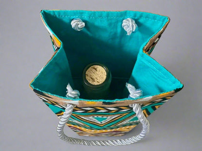 Ethnic, Fabric, Patterned, Handmade Green, Tan, Cream, Purple, and Gold Wine Gift Bag - Gezia Accents