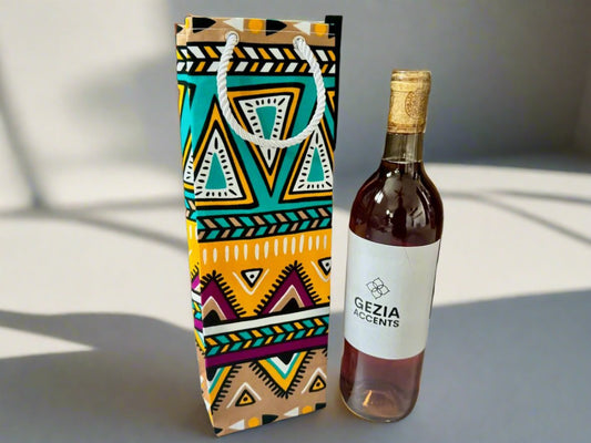 Ethnic, Fabric, Patterned, Handmade Green, Tan, Cream, Purple, and Gold Wine Gift Bag - Gezia Accents