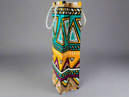 Ethnic, Fabric, Patterned, Handmade Green, Tan, Cream, Purple, and Gold Wine Gift Bag - Gezia Accents