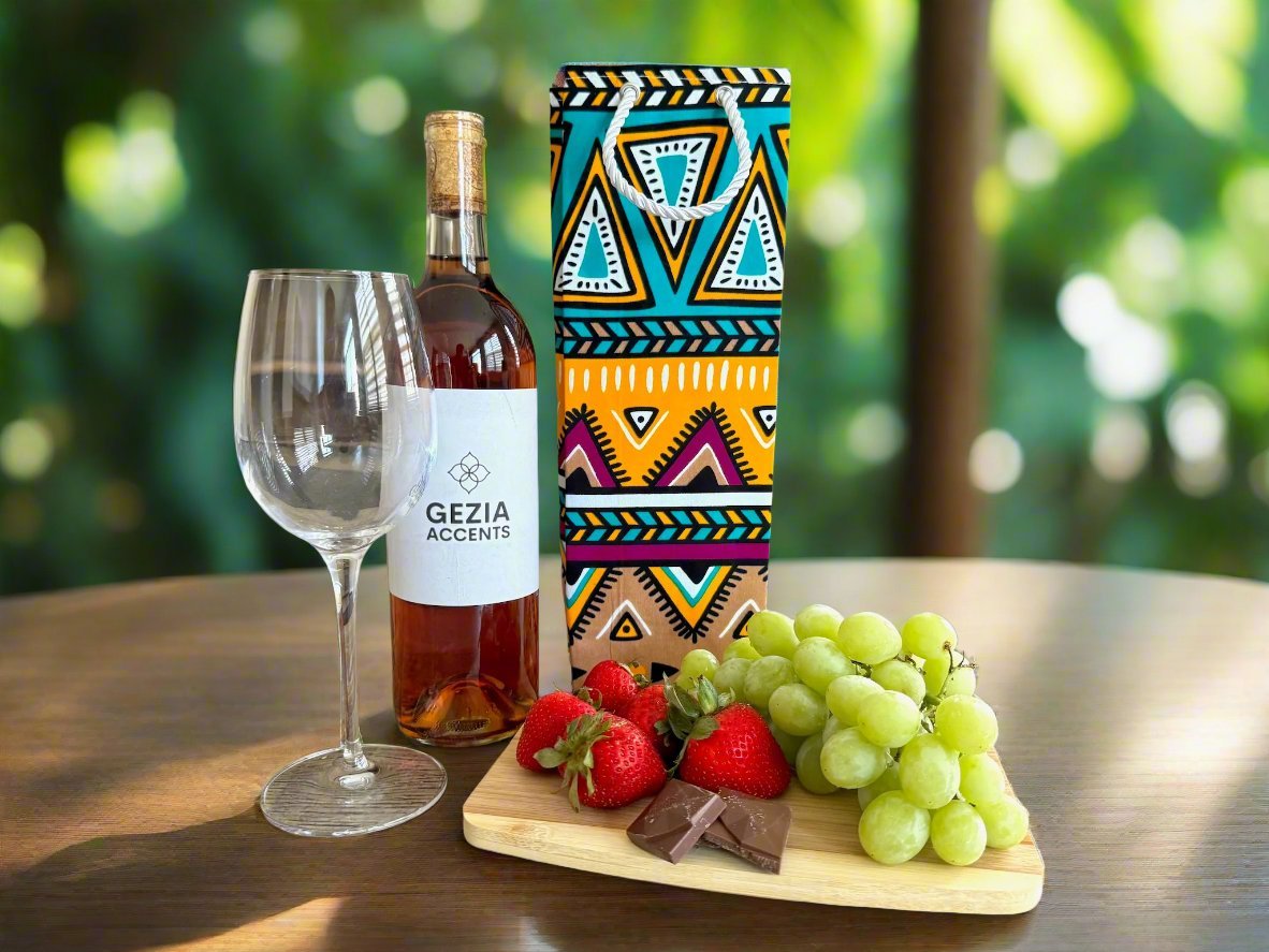 Ethnic, Fabric, Patterned, Handmade Green, Tan, Cream, Purple, and Gold Wine Gift Bag - Gezia Accents