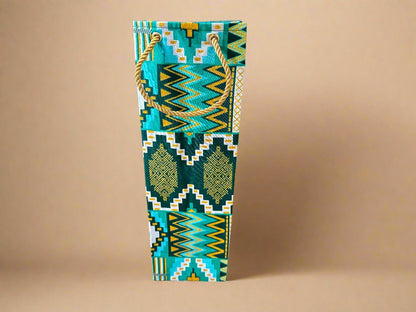 Ethnic, Fabric, Patterned, Handmade Green, White, Dark Green and Gold Wine Gift Bag - Gezia Accents