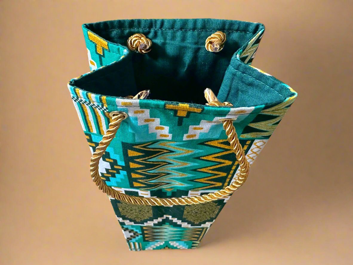 Ethnic, Fabric, Patterned, Handmade Green, White, Dark Green and Gold Wine Gift Bag - Gezia Accents