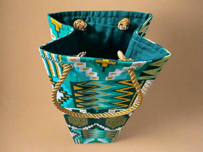 Ethnic, Fabric, Patterned, Handmade Green, White, Dark Green and Gold Wine Gift Bag - Gezia Accents
