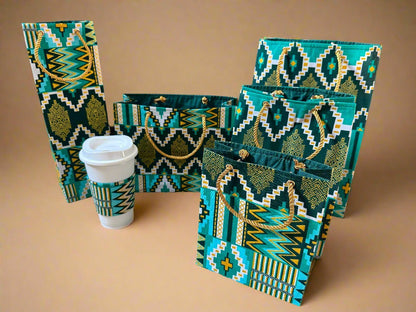Ethnic, Fabric, Patterned, Handmade Green, White, Dark Green and Gold Wine Gift Bag - Gezia Accents