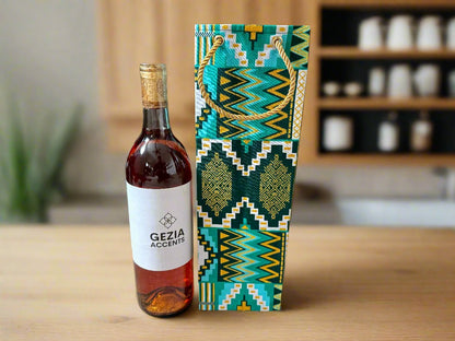 Ethnic, Fabric, Patterned, Handmade Green, White, Dark Green and Gold Wine Gift Bag - Gezia Accents