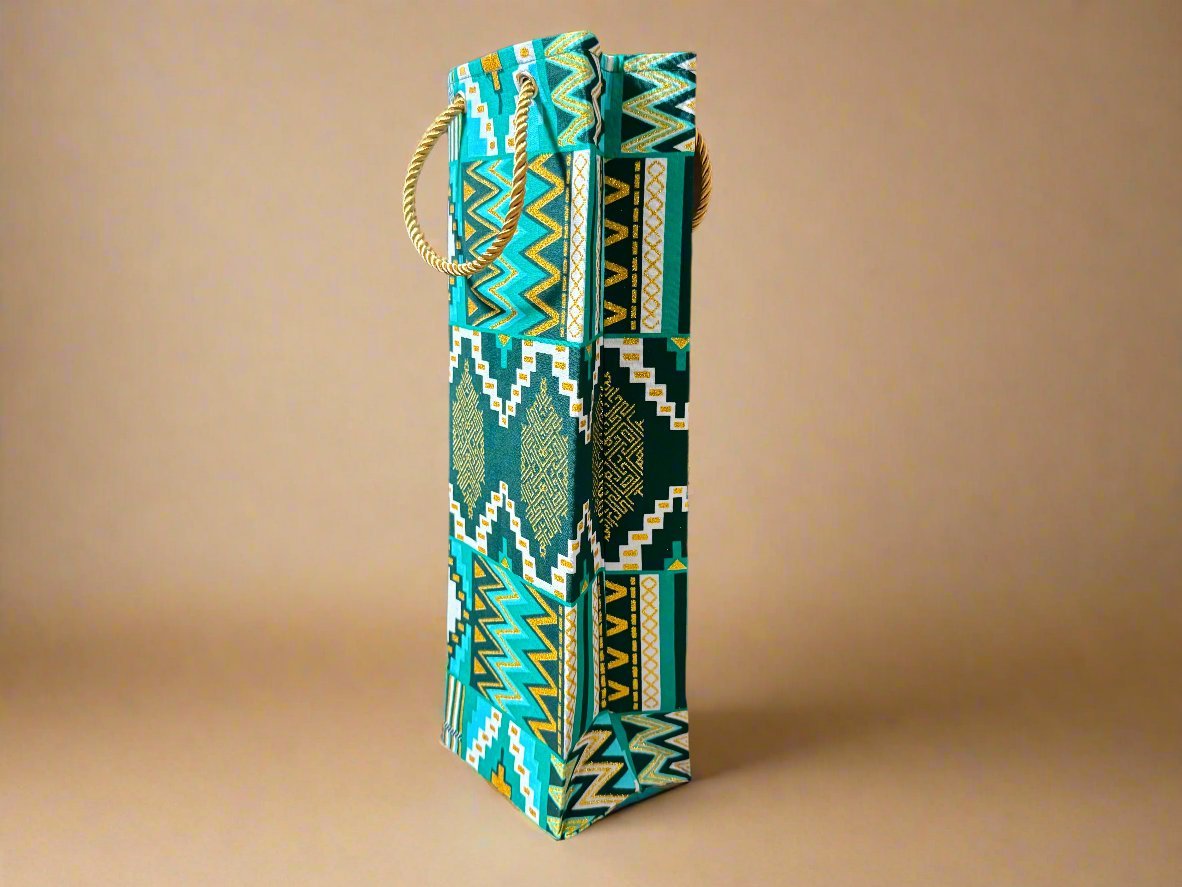 Ethnic, Fabric, Patterned, Handmade Green, White, Dark Green and Gold Wine Gift Bag - Gezia Accents