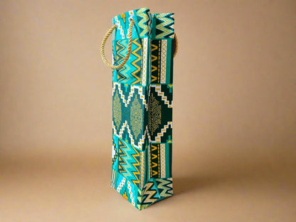 Ethnic, Fabric, Patterned, Handmade Green, White, Dark Green and Gold Wine Gift Bag - Gezia Accents